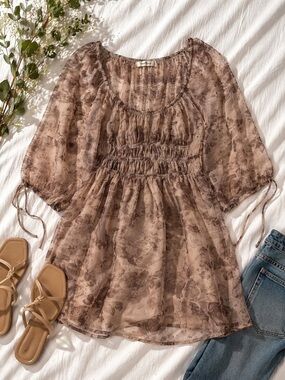 Baevly Floral Smocked Mini Dress Large Taupe Cottagecore Balloon Sleeve NWT